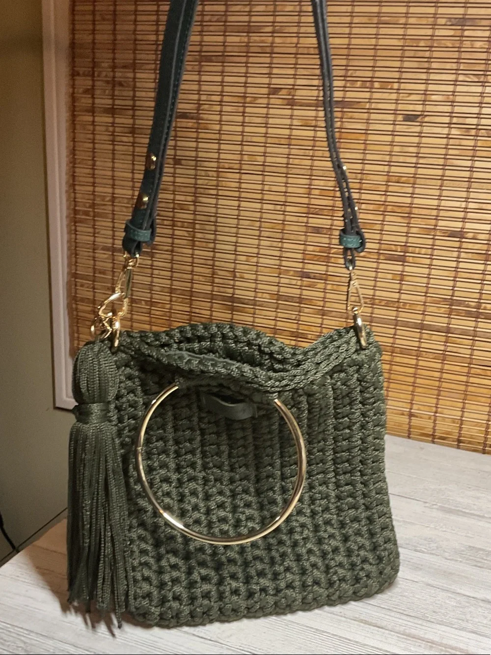 Handwoven Dark Olive Shoulder Bag with Gold Ring Handles